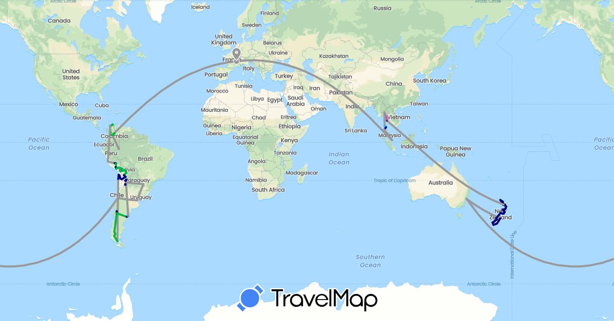 TravelMap itinerary: driving, bus, plane, train, boat in Argentina, Australia, Bolivia, Brazil, Chile, Colombia, France, New Zealand, Peru, Singapore, Thailand (Asia, Europe, Oceania, South America)